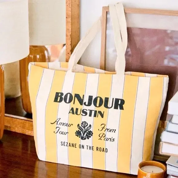 Sezane Bonjour Austin On The Road Striped Canvas Tote Bag in Yellow and Cream - Picture 5 of 7